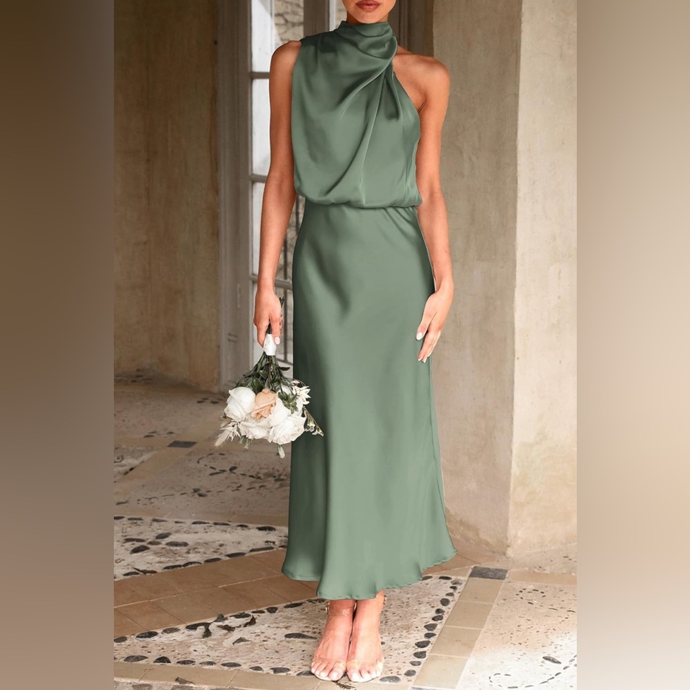 Satin Dress Elegant Sleeveless Mock Neck Cocktail Party Maxi Dresses